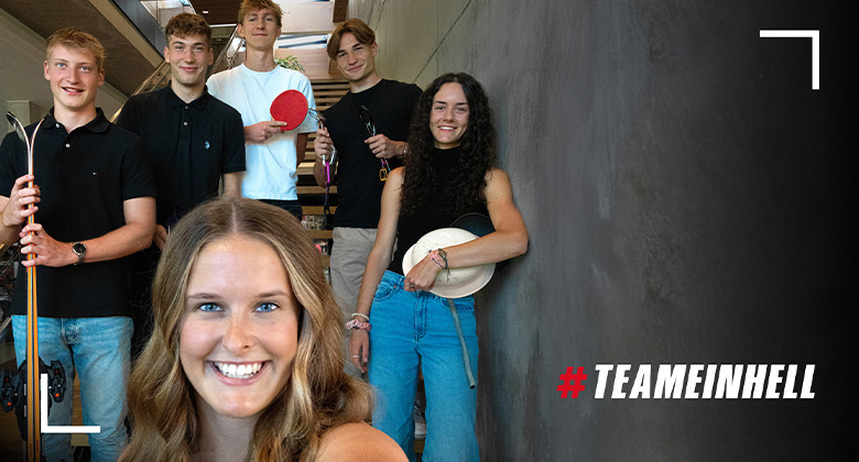 A young woman takes a selfie with five people holding sports or leisure equipment. Text in image: #TEAMEINHELL.