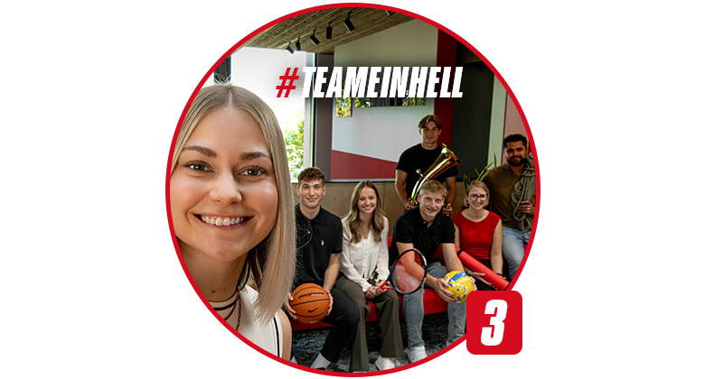 A young woman takes a selfie with a group holding sports equipment and musical instruments. Text in image: #TEAMEINHELL.