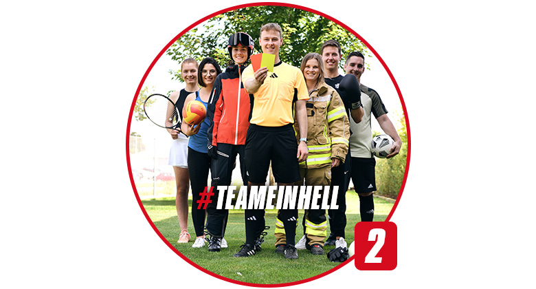 Several people in sports and firefighter outfits stand side by side. Text in image: #TEAMEINHELL.