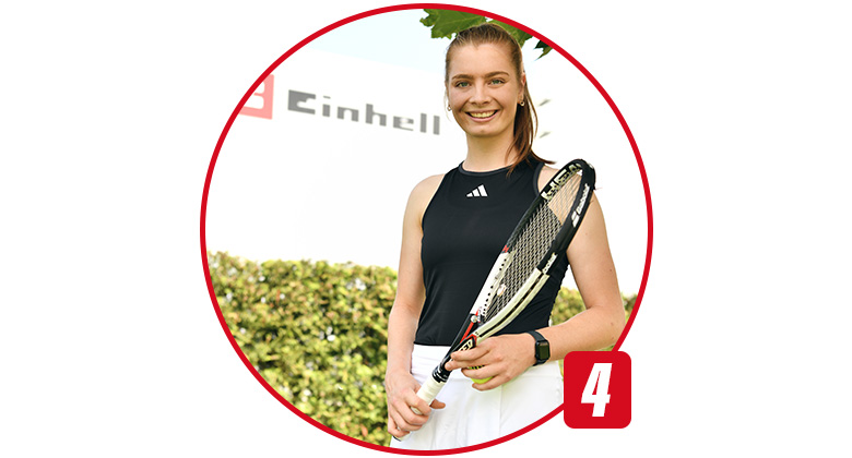 A young woman in sportswear holds a tennis racket. An Einhell logo is visible in the background.