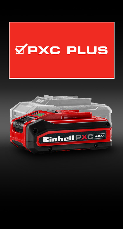Einhell Power X-Change Akku mit 4,0 Ah Kapazität vor rotem Hintergrund, im Hintergrund ein ausgegrauter Akku. Darüber steht „PXC PLUS“.